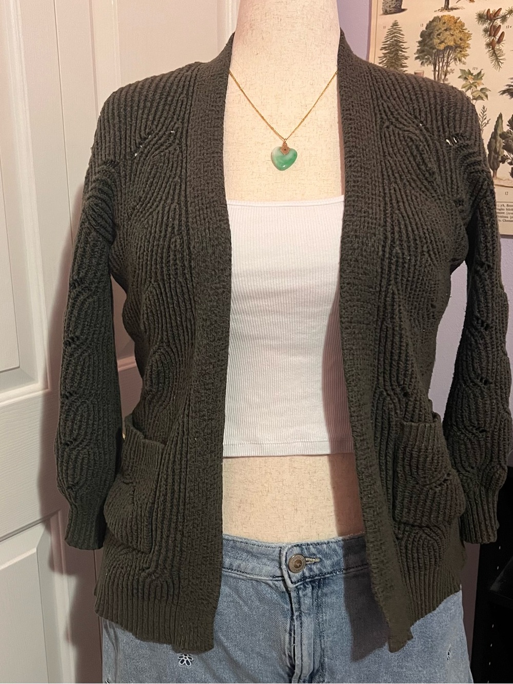 Open-Front Olive Green Textured Knit Cardigan